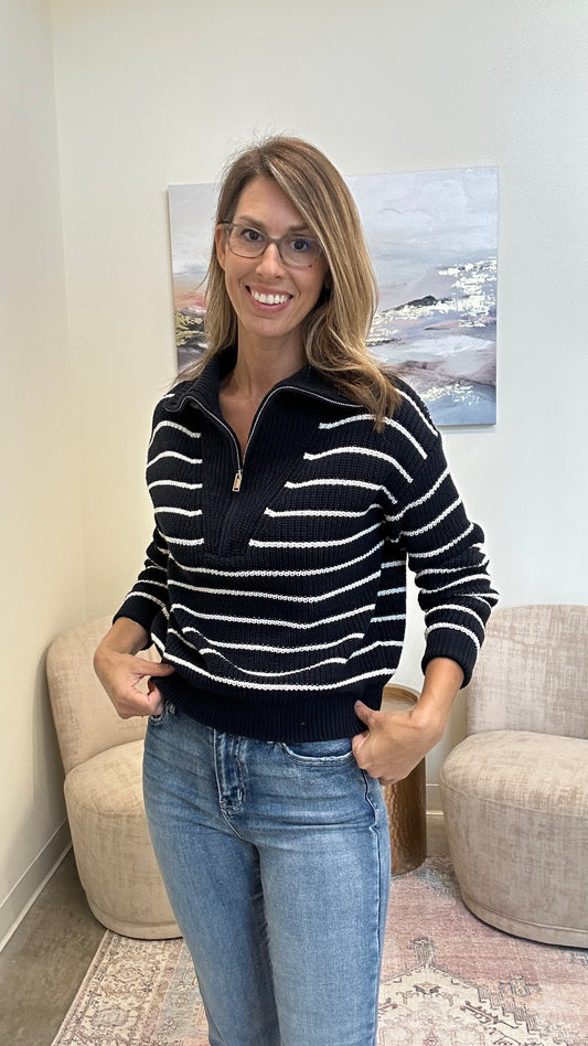 Spread Collar Half Zip Striped Sweater