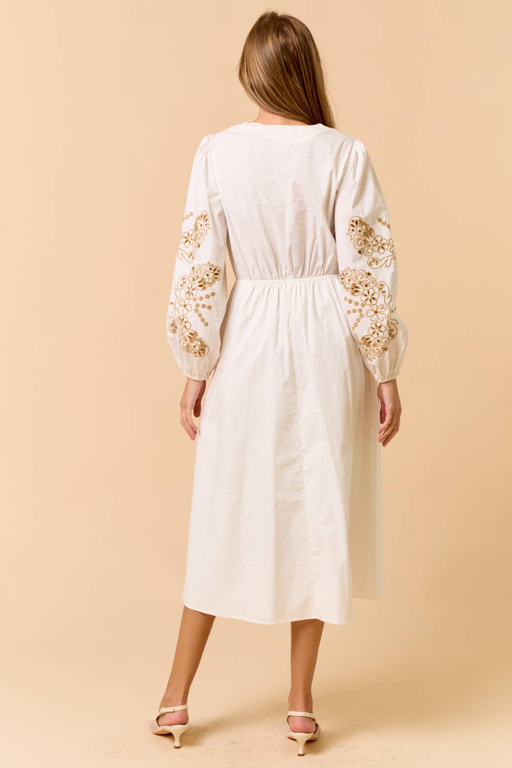 Embroidered Puff Sleeve Front Tie Midi Dress