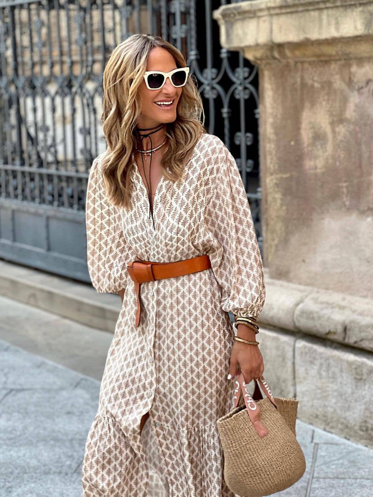 Balloon Sleeves Button Front Midi Dress