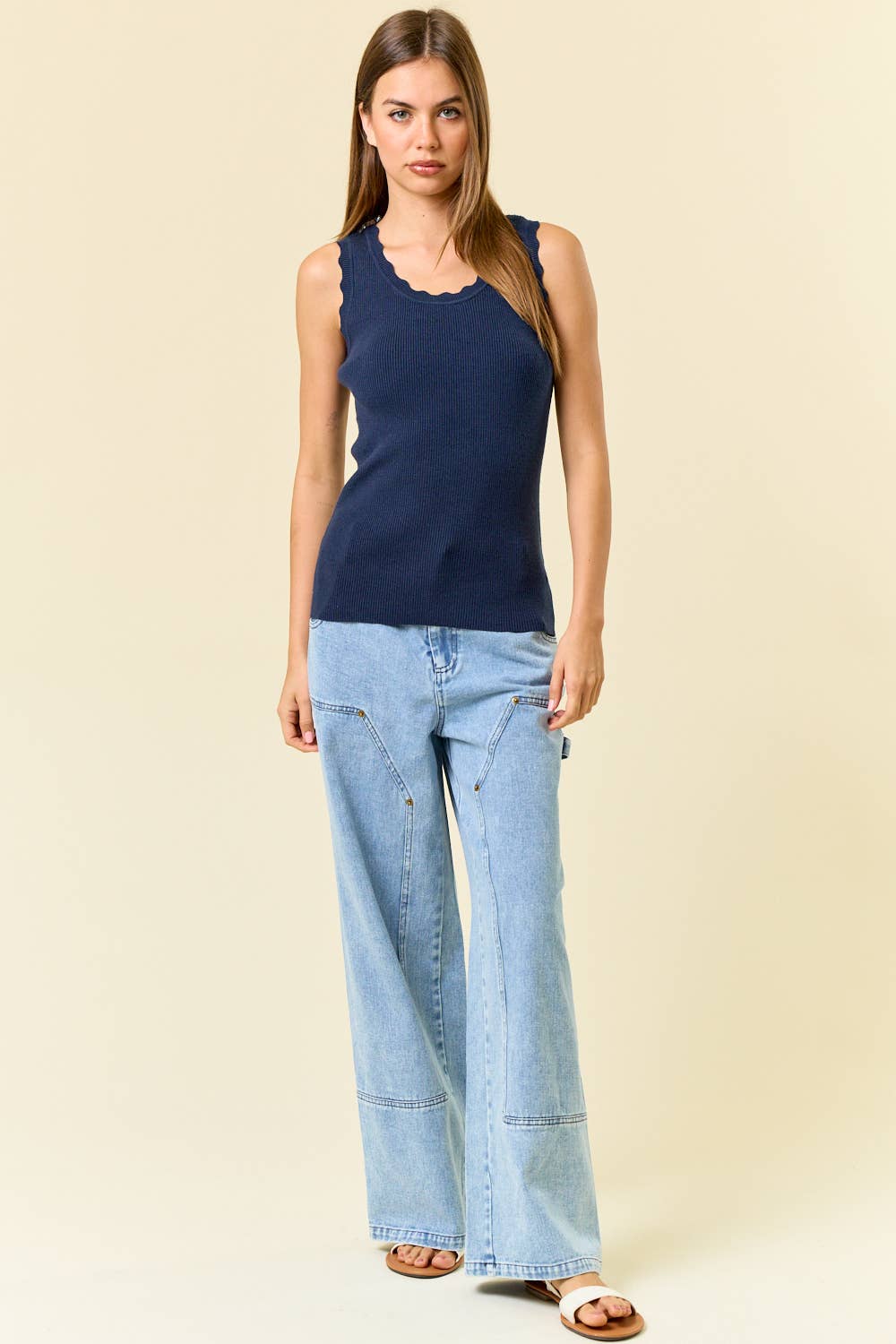 Scalloped Scoop Neck Sleeveless Knit Sweater Top