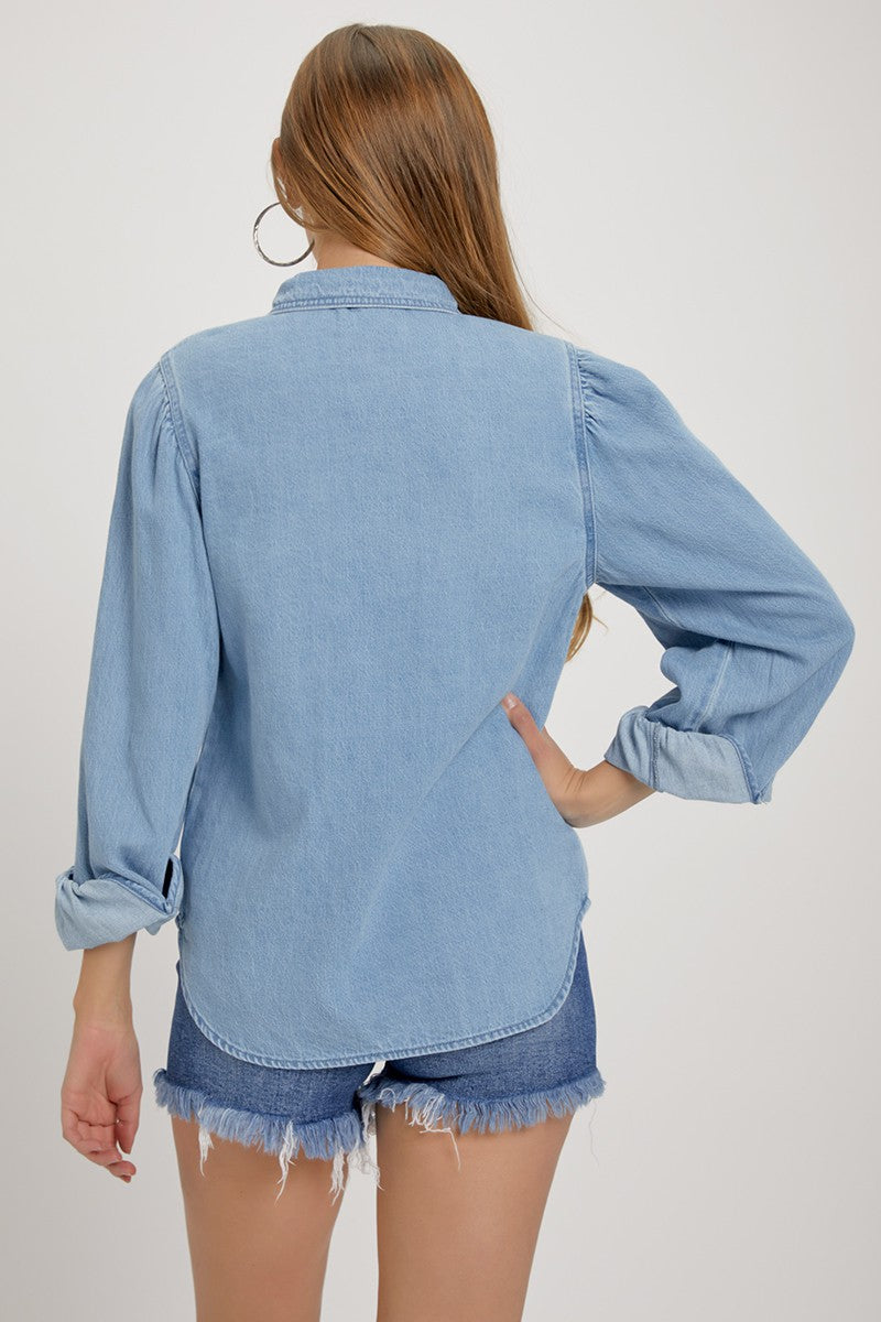 Shirring Sleeve Relaxed Denim Shirt