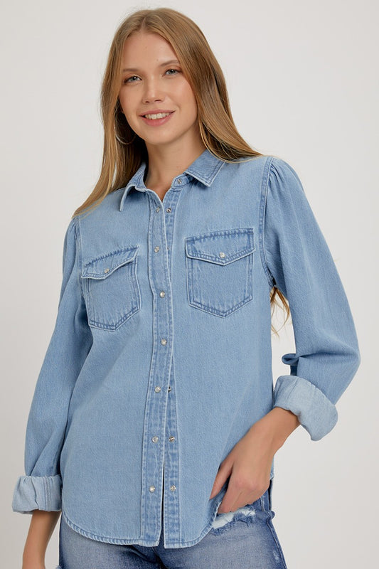 Shirring Sleeve Relaxed Denim Shirt