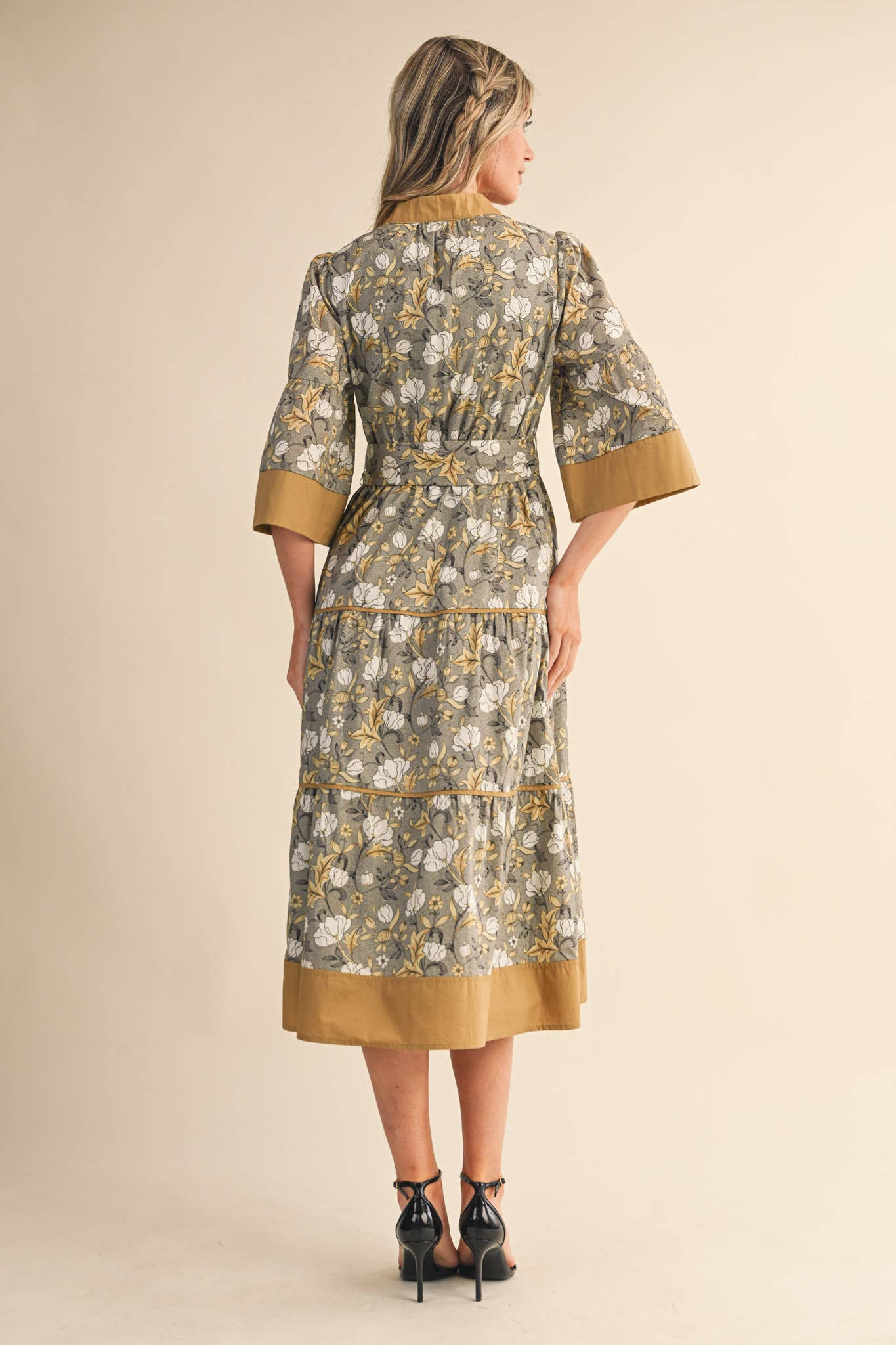 Rental- Floral Belted Contrast Trim Midi Dress