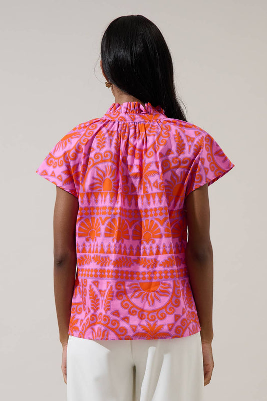 Tropical Ruffle Neck Top