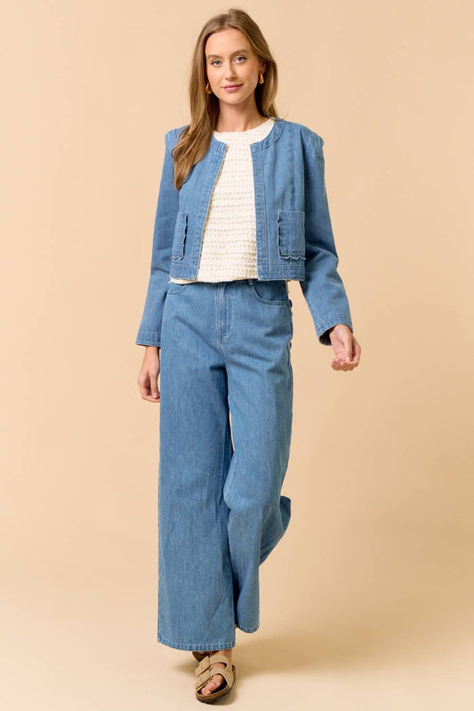 Scalloped Pockets Wide Leg Denim Pants