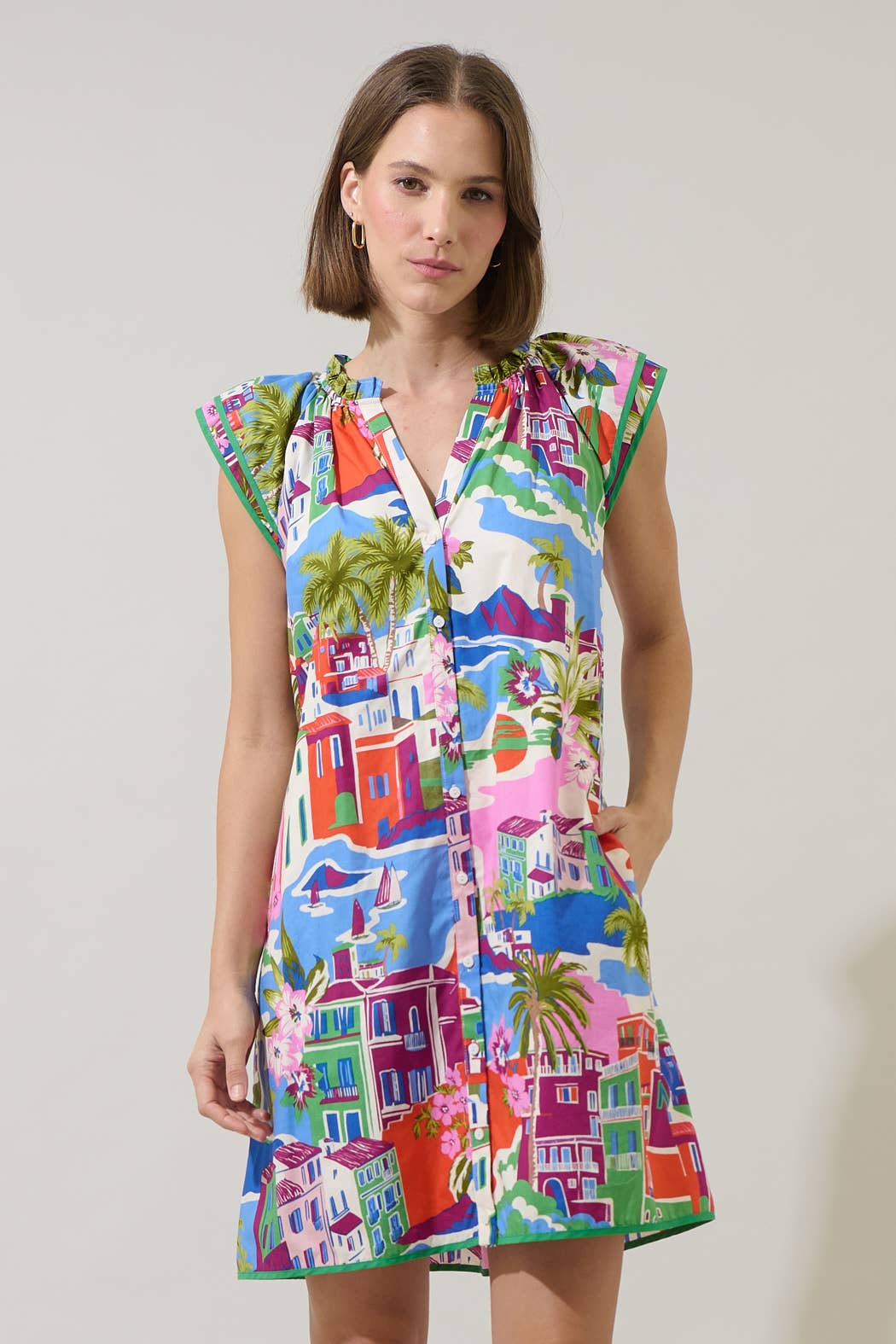 Rental- Double Sleeve Tropical Ruffle Mini Dress