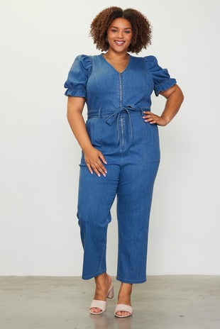 Washed Denim Short Sleeve Jumpsuit