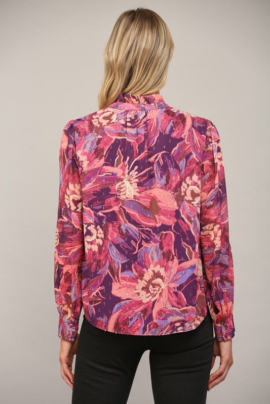 Chiffon Ruffle Neck Button Down Top