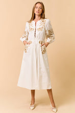 Load image into Gallery viewer, Embroidered Puff Sleeve Front Tie Midi Dress