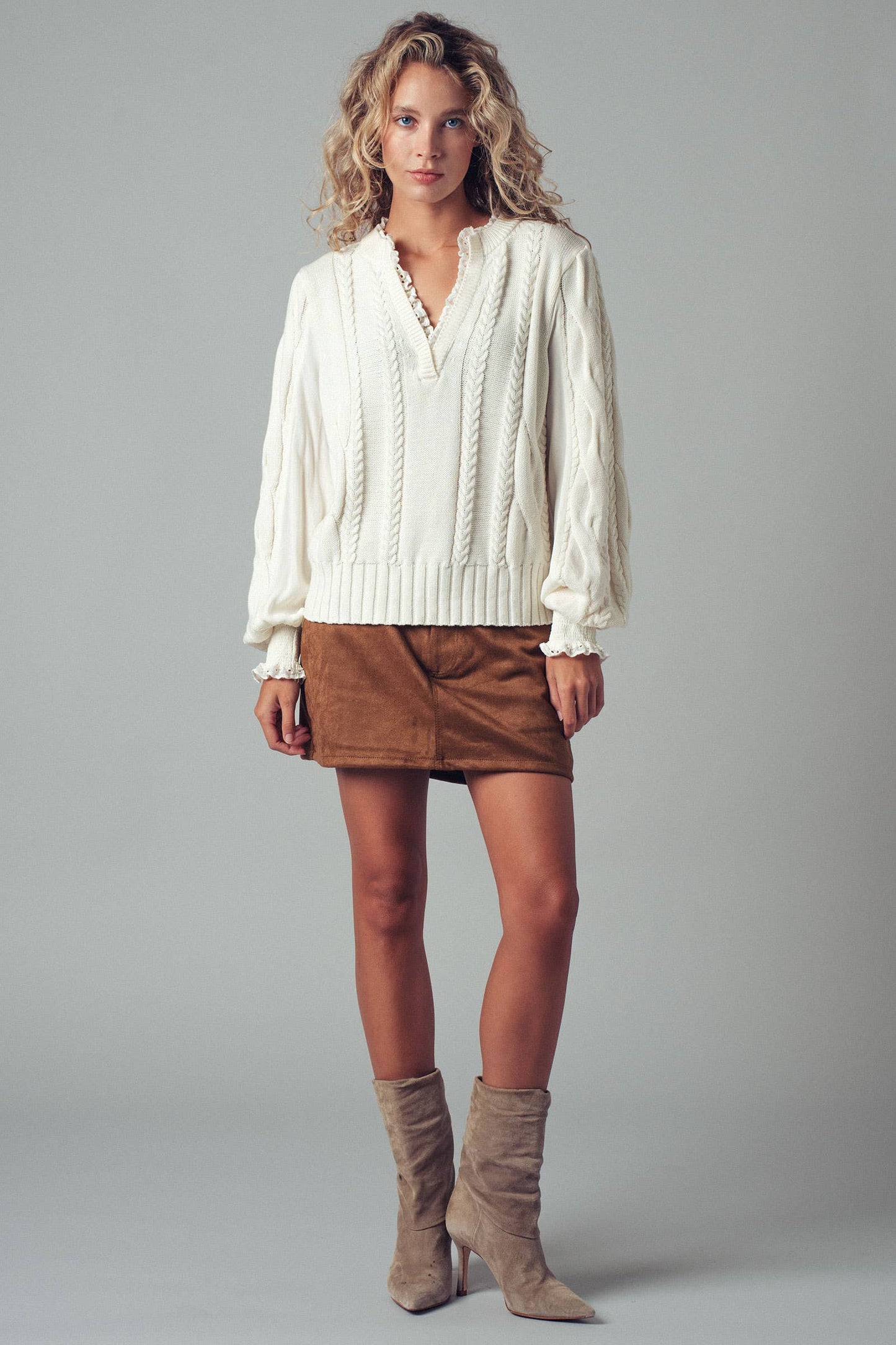 Lace Trim Cable Knit Pullover Sweater