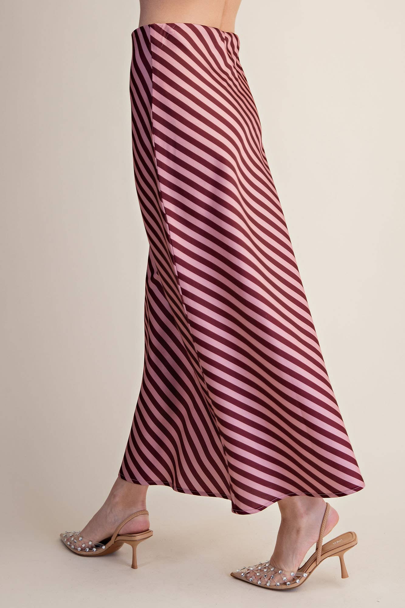 Diagonal Striped Satin Midi Skirt