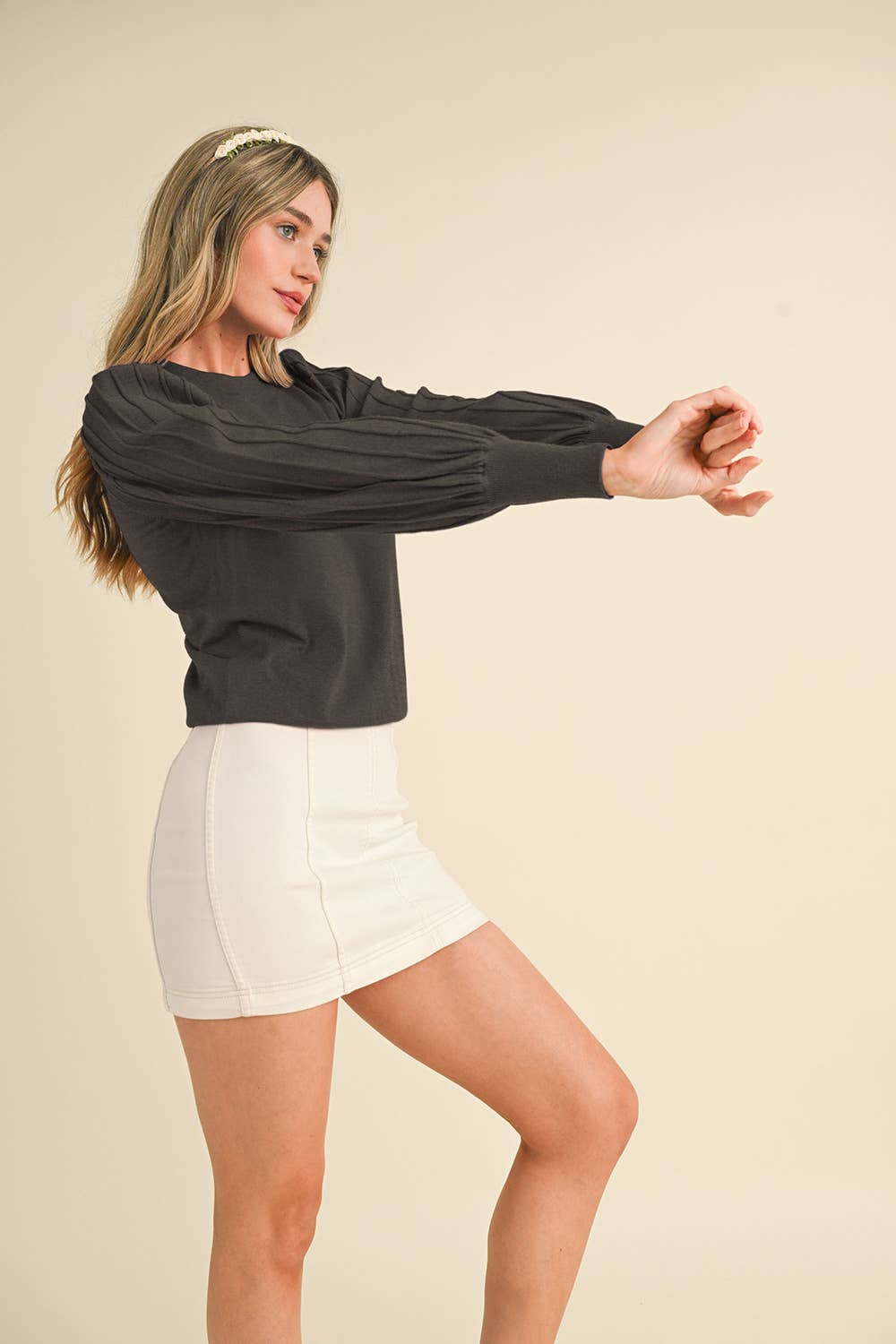 Ribbed Texture Puff Sleeve Sweater