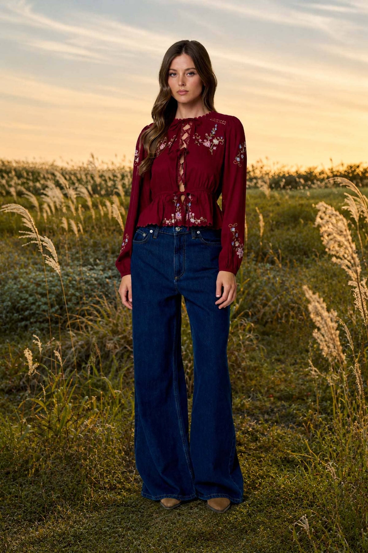 Embroidered Crochet Front Tie Top