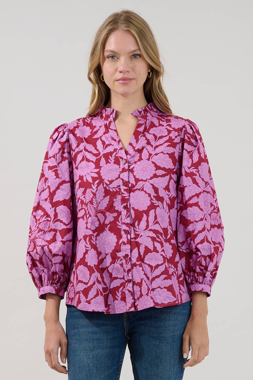 Balloon Sleeves Ruffle Neck Floral Top