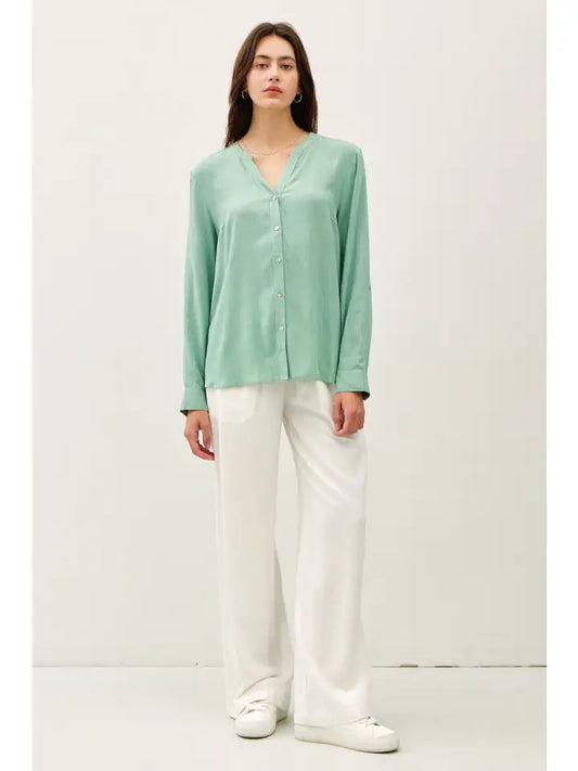 V-Neck Flat Collar Button Down Shirt