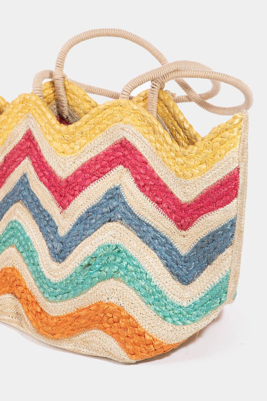 Intricate Striped Jute Knit Tote Bag