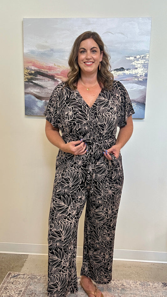 Short Sleeve Tie Waist Faux Wrap Jumpsuit