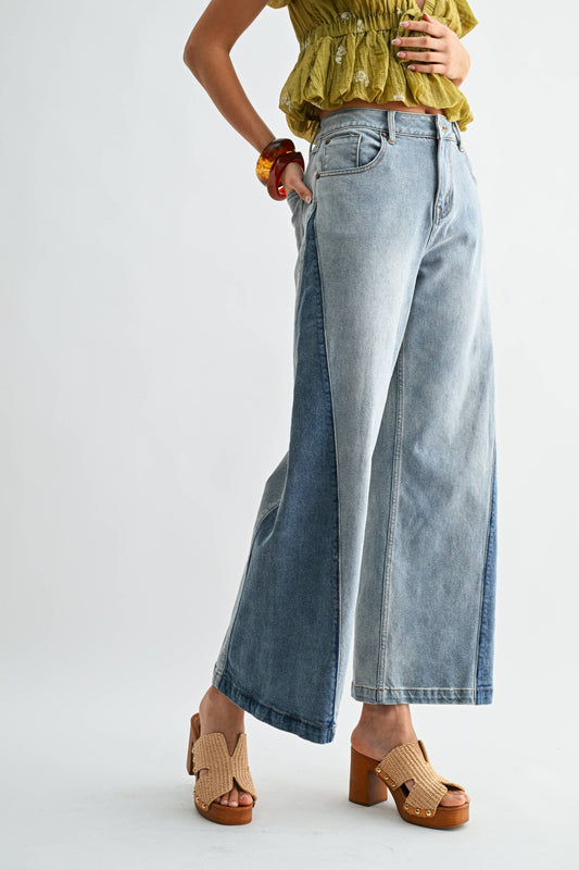 Wide Leg Two-Tone High Waist Denim Jeans