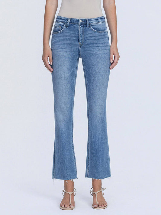 High Rise Raw Hem Crop Flare Jeans