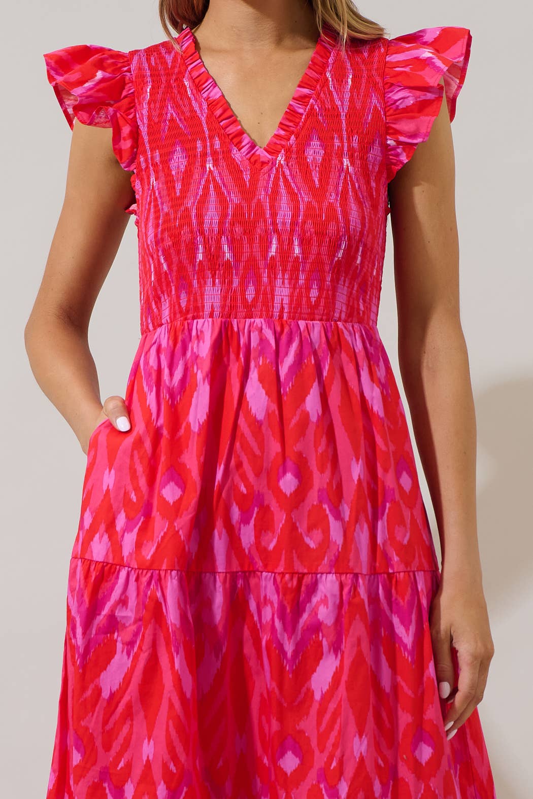Ikat Smocked Bodice Tiered Midi Dress