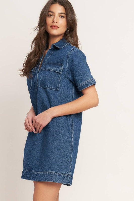 Denim Split Neck Shirt Dress