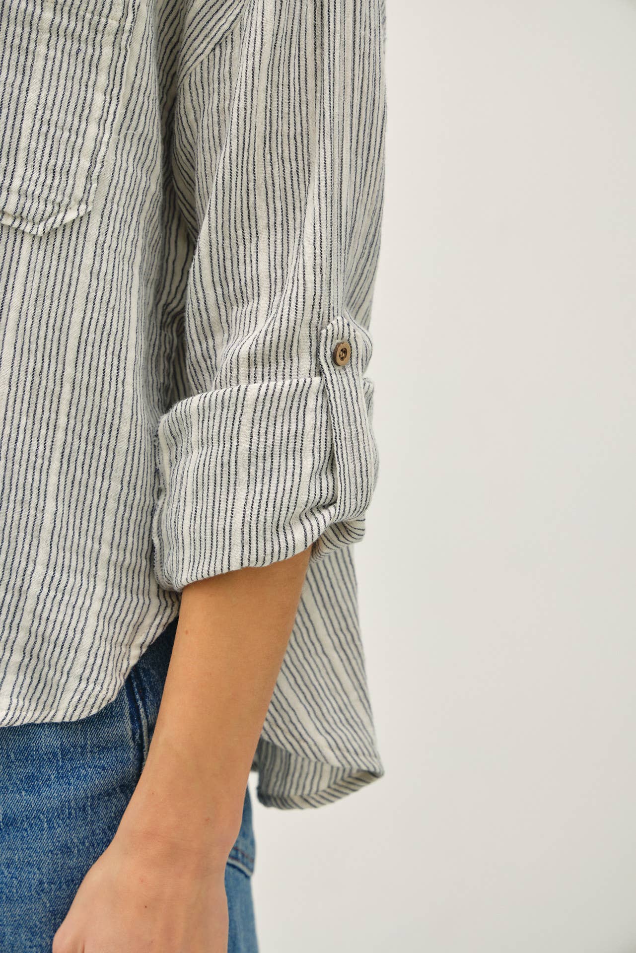 Striped Gauzy Pocket Button Down Top