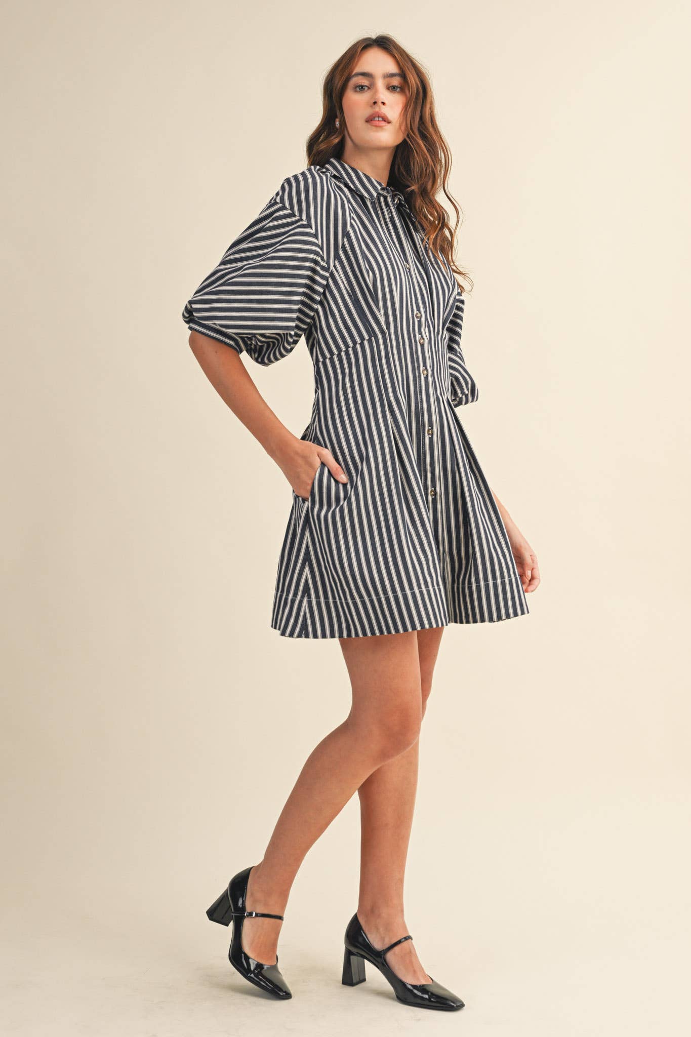 Rental- Striped Denim Bubble Sleeve Mini Dress