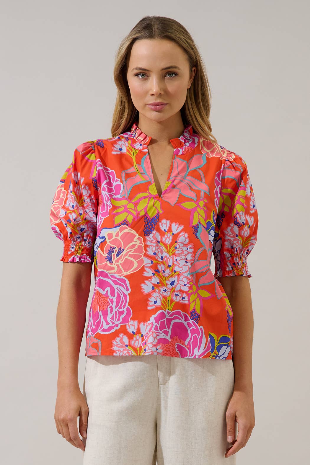 Split Neck Bold Floral Top