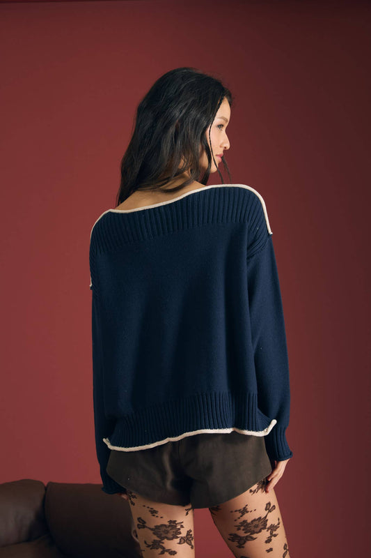 Ribbed Boat Neck Contrast Trim Sweater