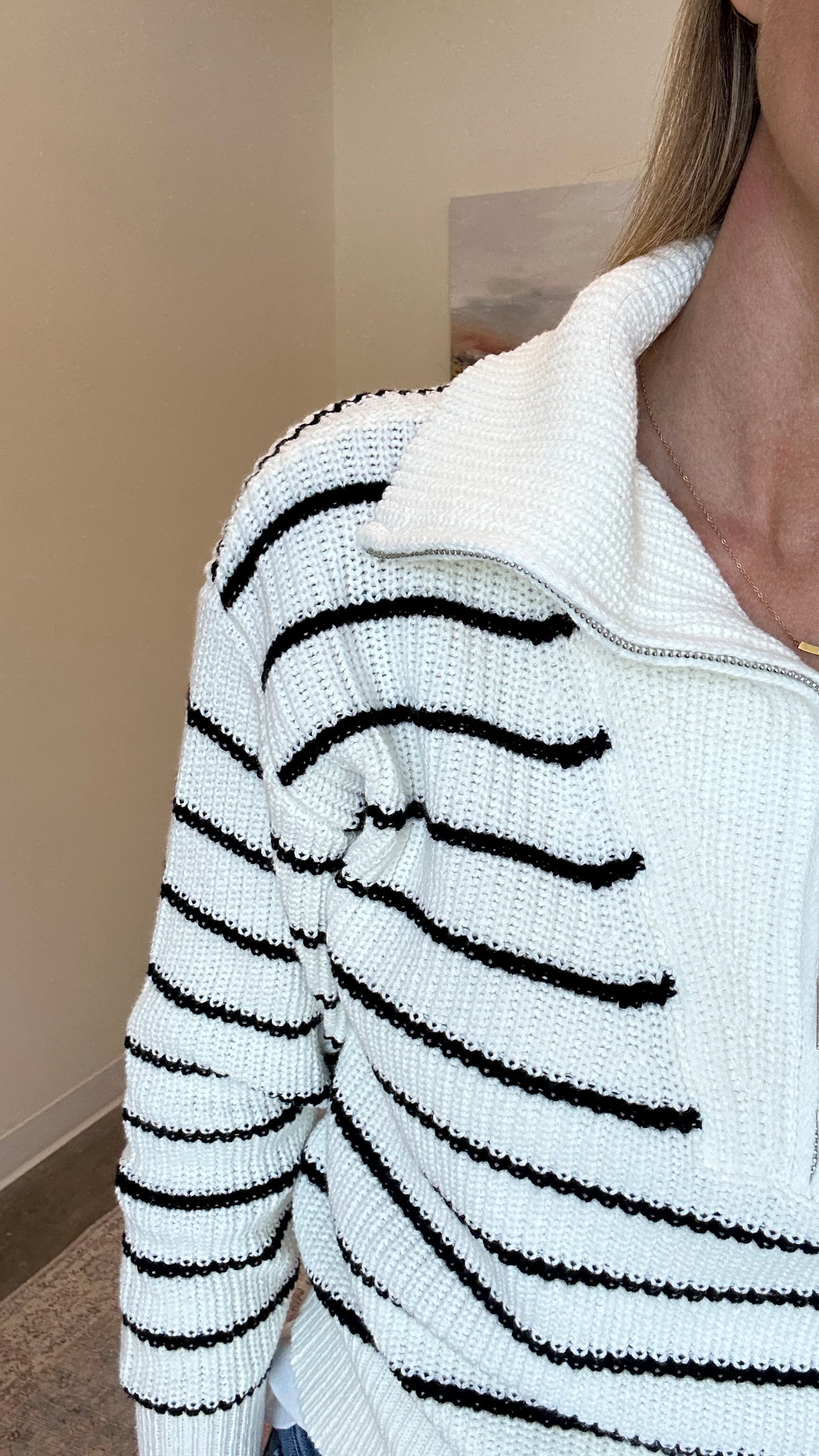 Spread Collar Half Zip Striped Sweater
