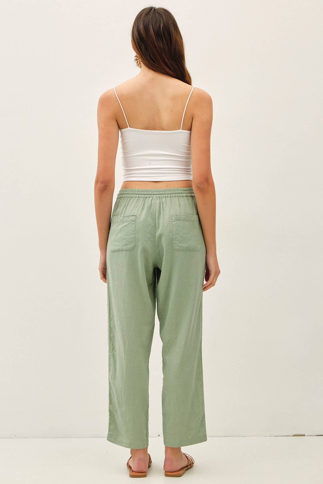 Crochet Lace Trim Tapered Linen Pants