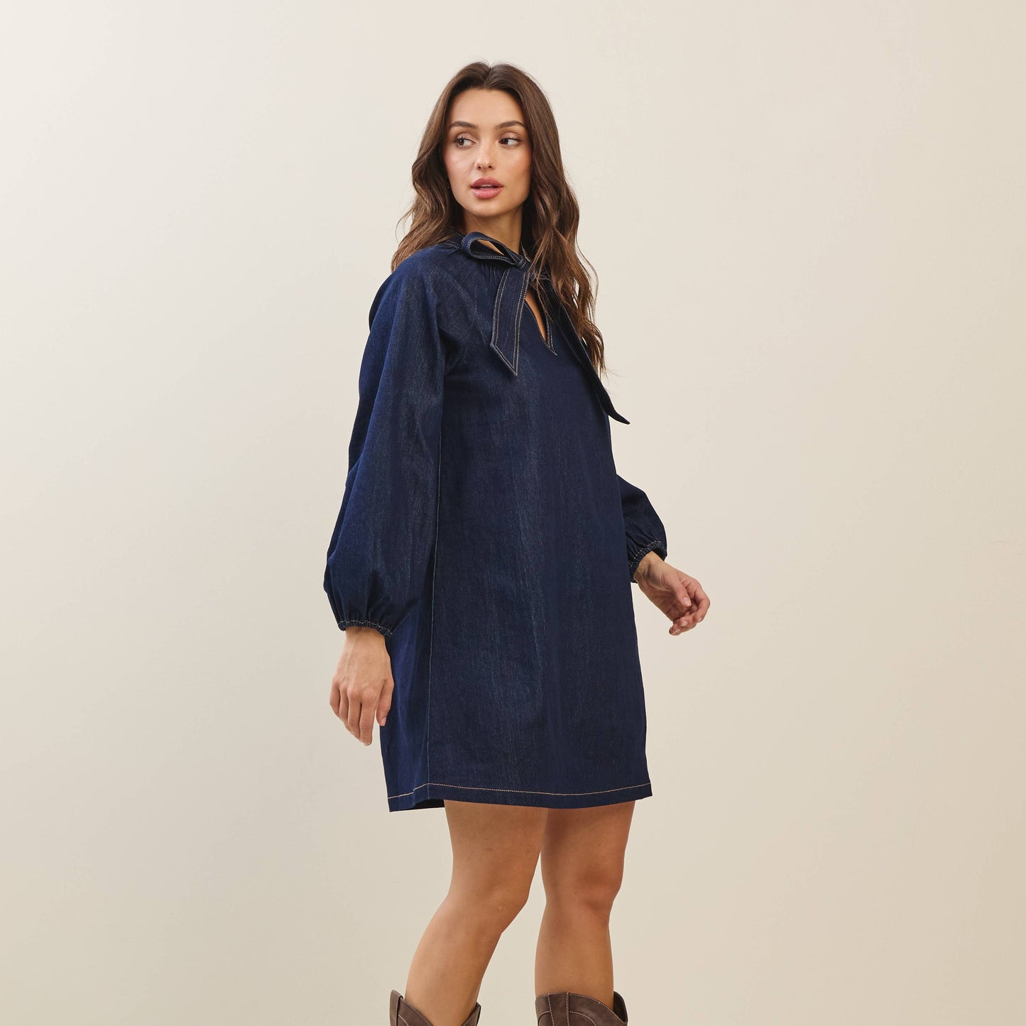 Denim Bow Front Mini Dress