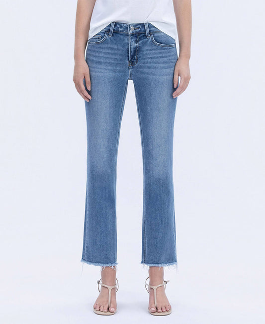Mid Rise Raw Hem Crop Straight Jeans
