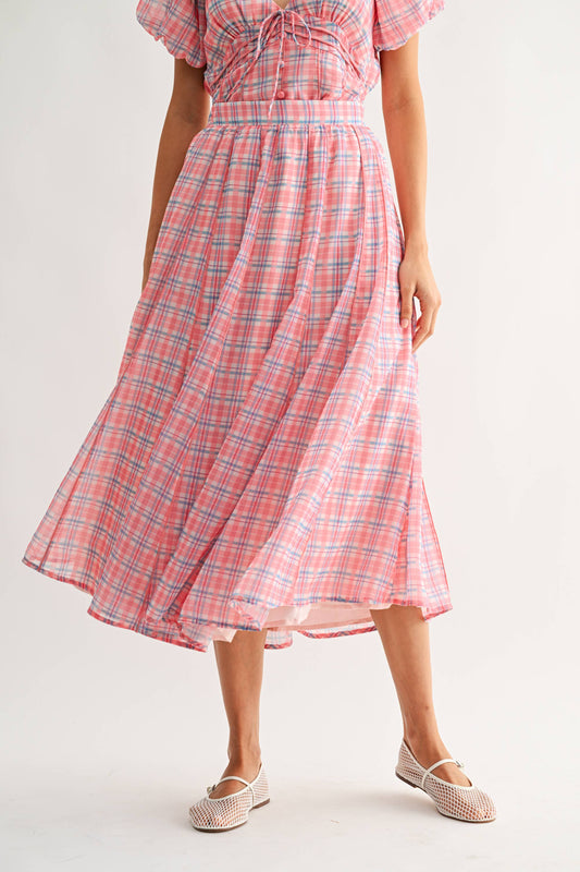 Pink Plaid Midi Skirt