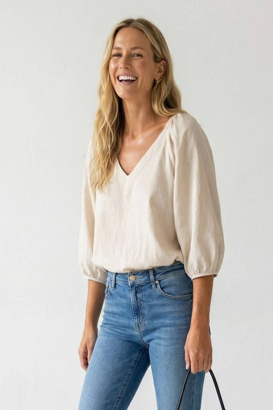 Elastic Puff Sleeve V-neck Top