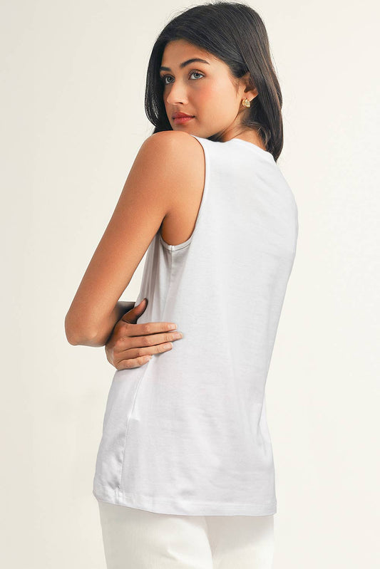 Solid Color Crew Neck Pleated Tank Top