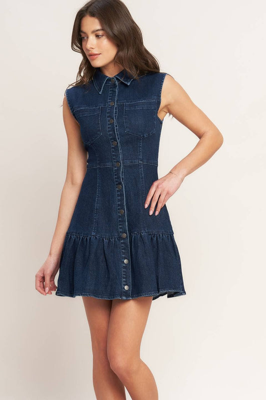 Sleeveless Denim Ruffled Hem Mini Dress