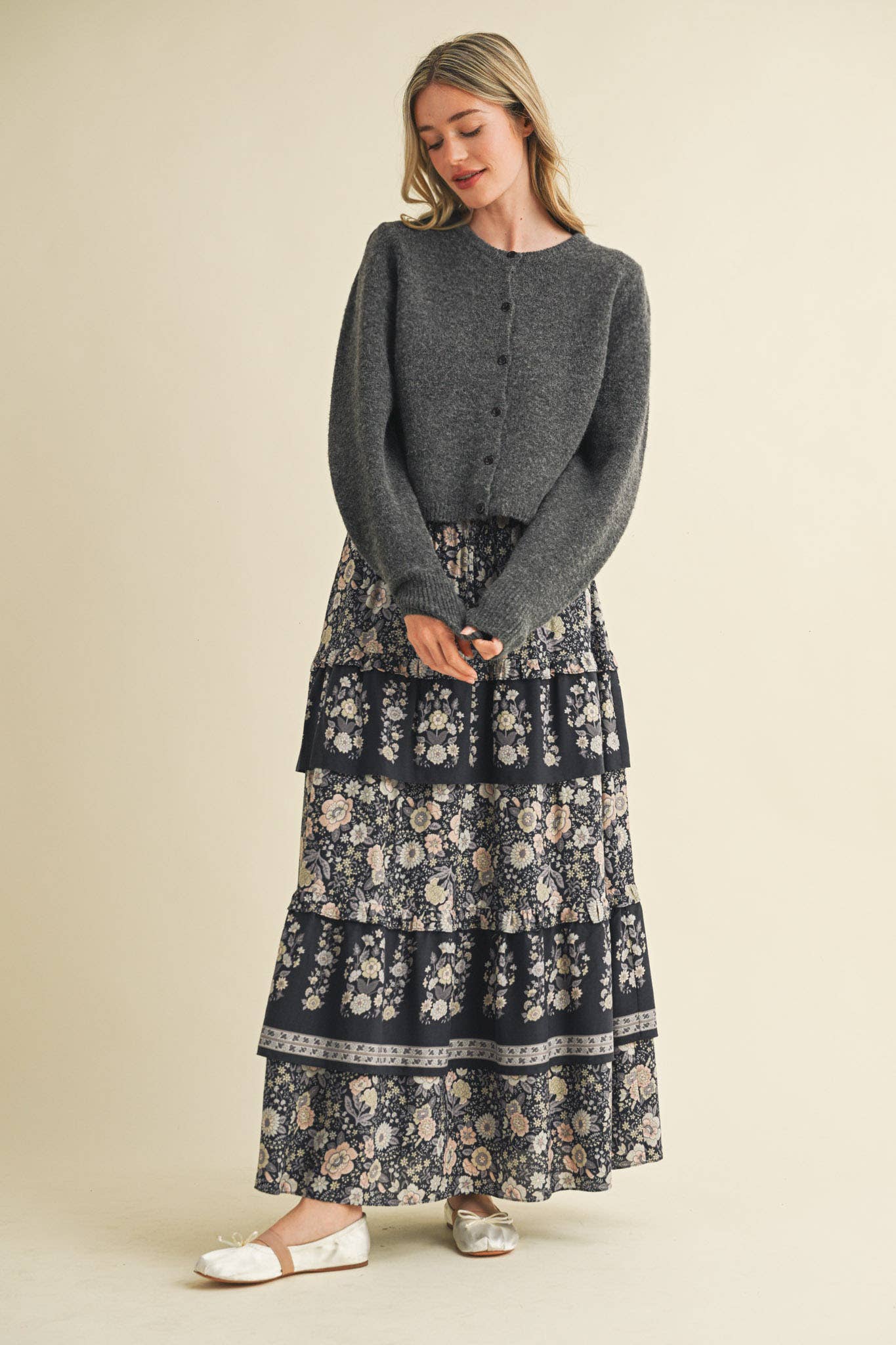 Rental- Ruffle Tiered Border Print Midi Skirt