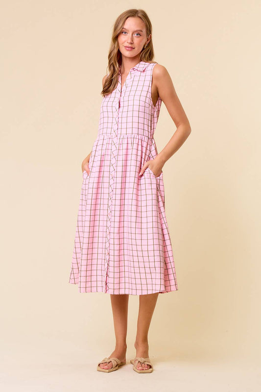 Windowpane Plaid Midi Shirt Dress