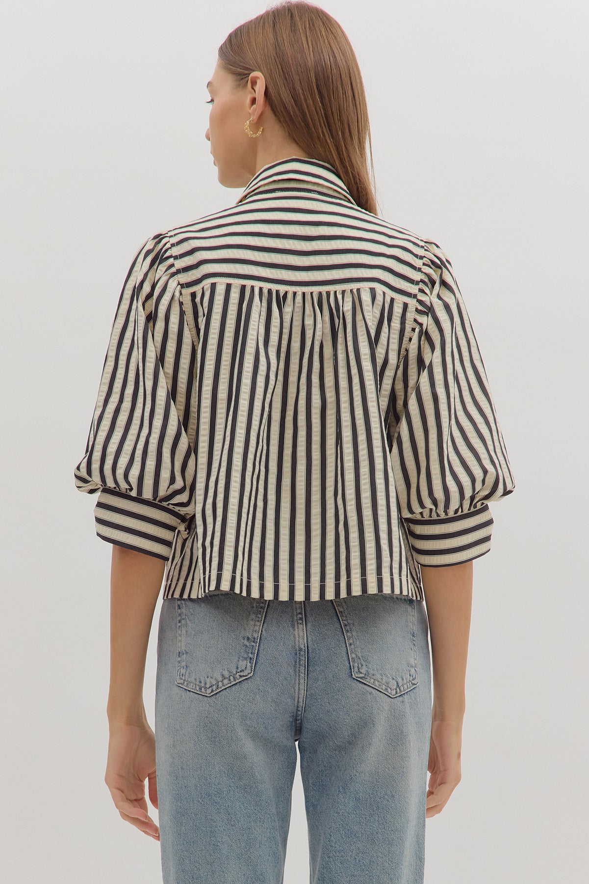Striped Crop Length Button Puff Sleeve Top