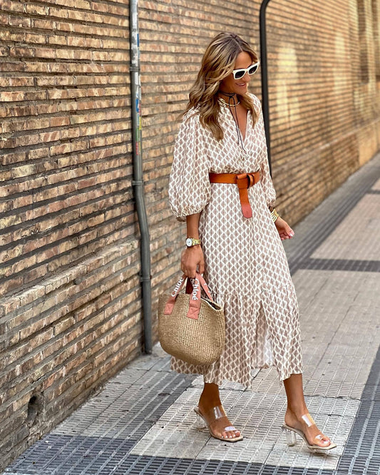 Balloon Sleeves Button Front Midi Dress