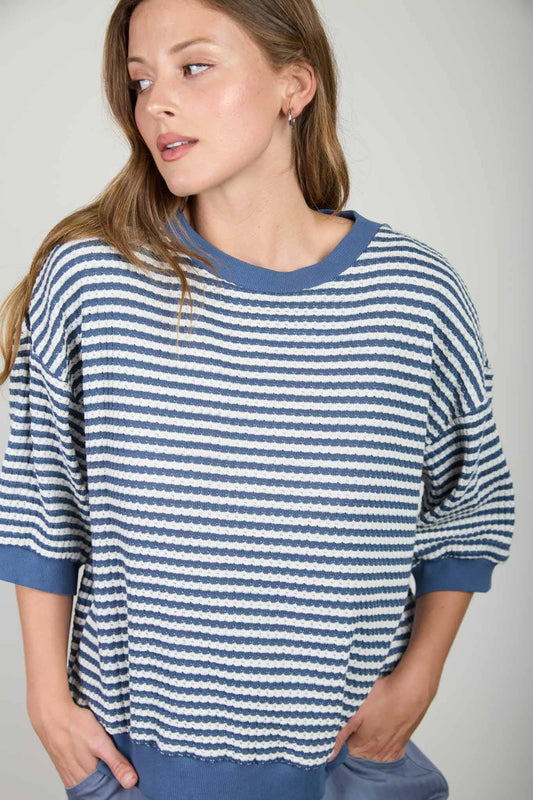 Textured Striped 3/4 Sleeve Knit Top