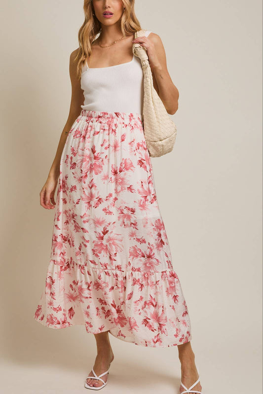 Tiered Floral Print Midi Skirt