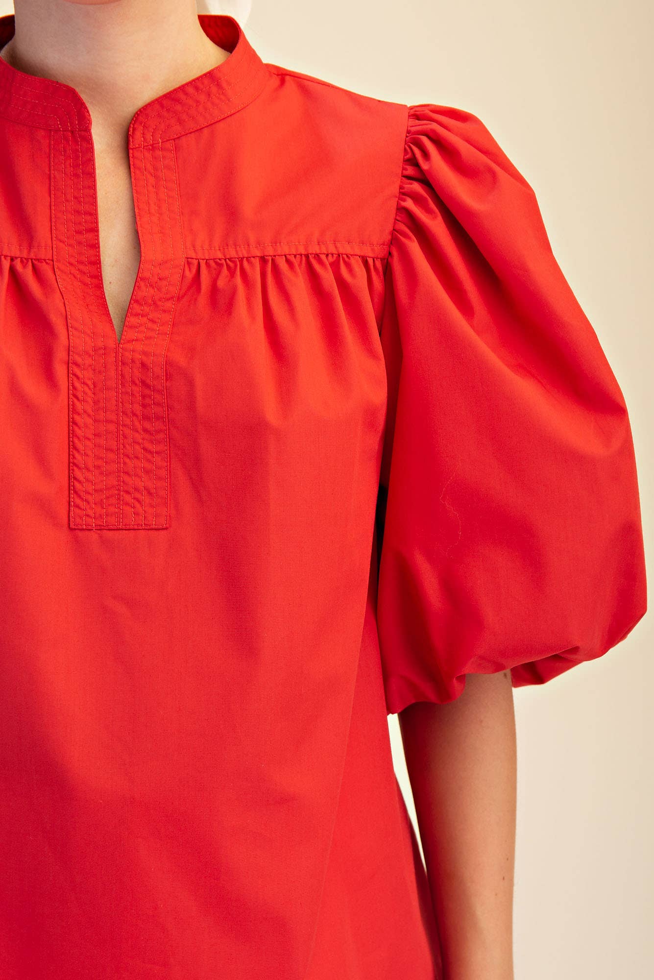 Flat Collar V-Neck Bubble Sleeve Poplin Top