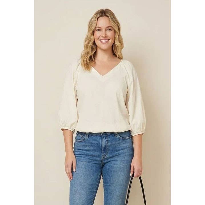 Elastic Puff Sleeve V-neck Top