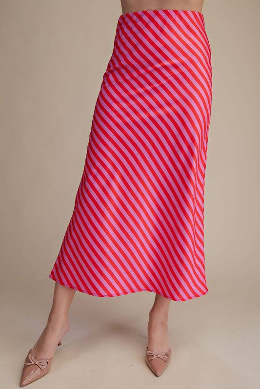 Diagonal Striped Satin Midi Skirt