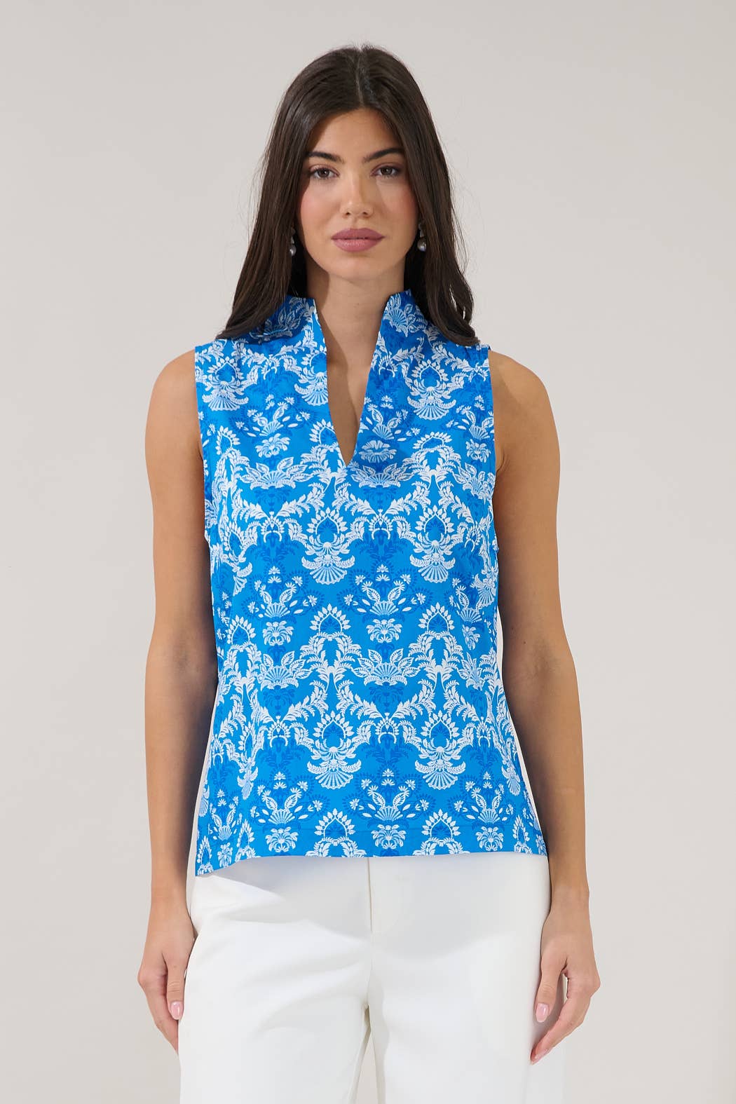 Sleeveless Floral Mock V-Neck Top