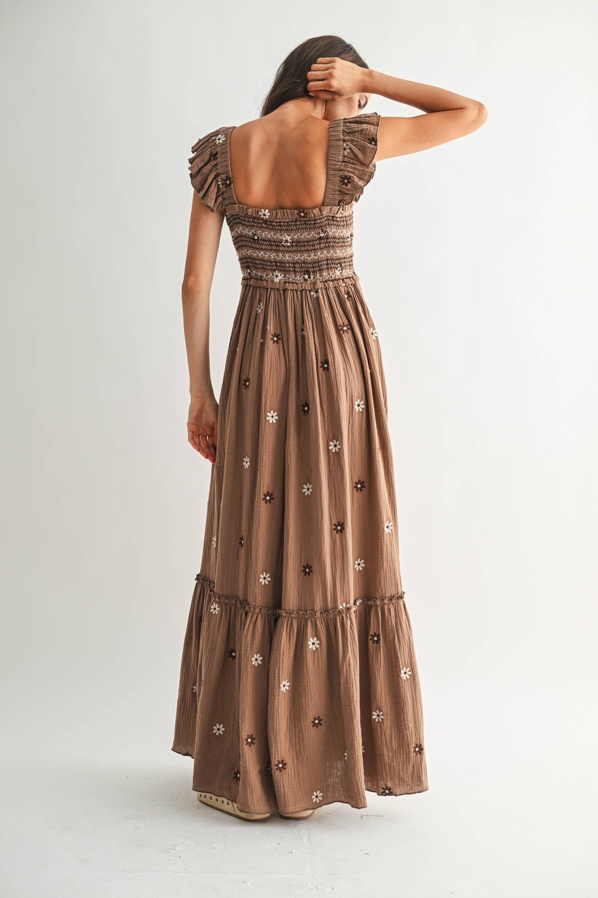 Gauzy Smocked Embroidered Maxi Dress