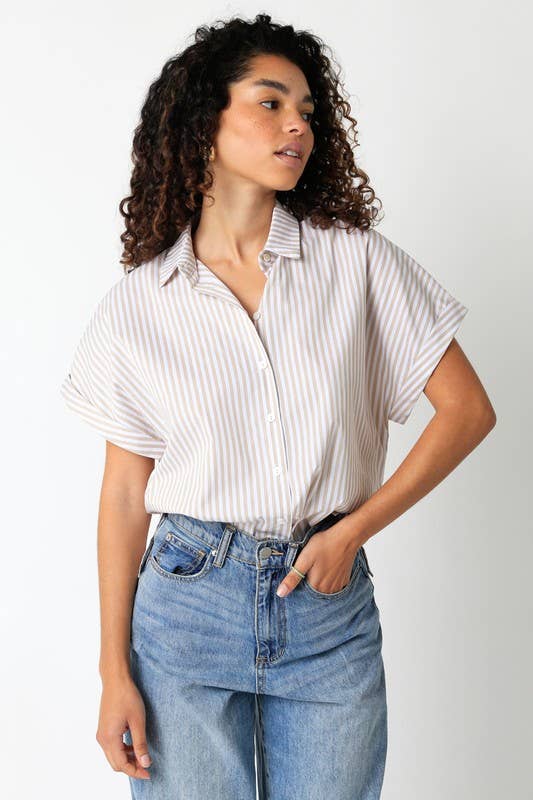 Wide Shoulder Short Sleeve Button Down Top