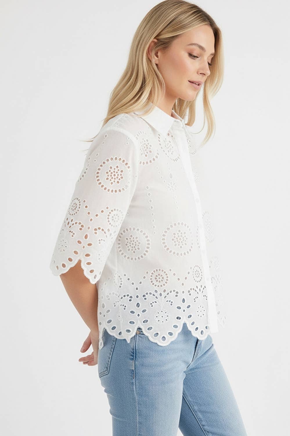 Eyelet Scalloped Hem Short Sleeve Top